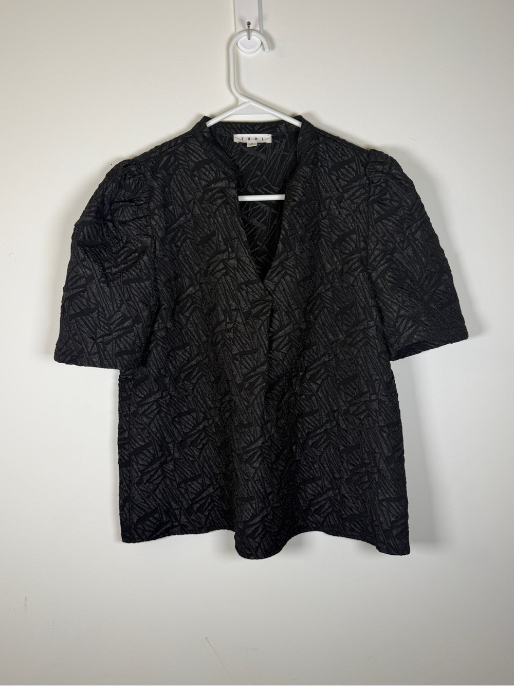THML Textured Black V-Neck Short Sleeve Top